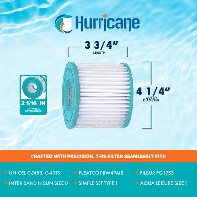  Hurricane 4 Pack HF4313-02 Advanced Pool Filter Cartridge For PBW4PAIR, Unicel C-4313, Filbur FC-3753, Sand N Sun Size D, Simple Set Type 1