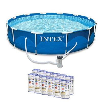  Intex 12ft X 30in Metal Frame Round Pool & Replacement Cartridge (12 Pack)