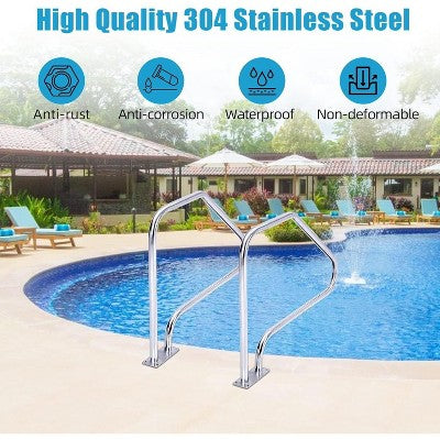  Swimming Pool Handrail, Durable 304 Stainless Steel With Non-Slip Blue Handle Covers, 385 Lbs Load Capacity, Easy Quick-Install Fittings