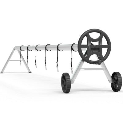  Pool Cover Reel Heavy-Duty, Aluminum Solar Cover Roller With Hand Crank, 6 Straps, Clips & Wheels, Fits All Inground Pool Shapes, Black