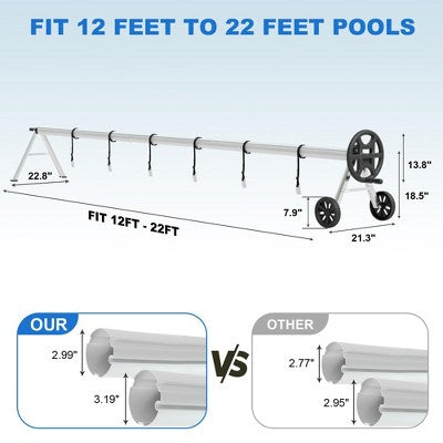  Pool Cover Reel Heavy-Duty, Aluminum Solar Cover Roller With Hand Crank, 6 Straps, Clips & Wheels, Fits All Inground Pool Shapes, Black