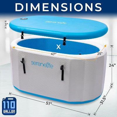  SereneLife Inflatable Cold Plunge Tub - 150 Gallon, Insulated Ice Bath Therapy Pod With Lid, Hand Pump, Storage Bag, And EVA Floor Mat (Blue)
