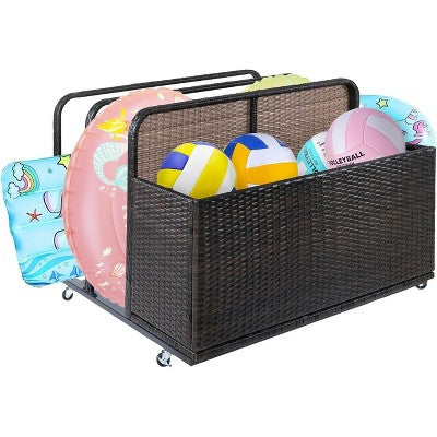  Double-Layer Poolside Float Storage Box With PE Rattan Design, Outdoor Rolling Pool Caddy For Patio, Durable Beach And Pool Storage Solution