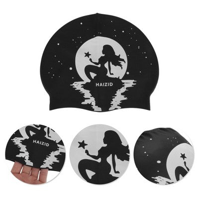  Unique Bargains Silicone Moon Mermaid Pattern Waterproof Swim Cap Black White 1 Pc