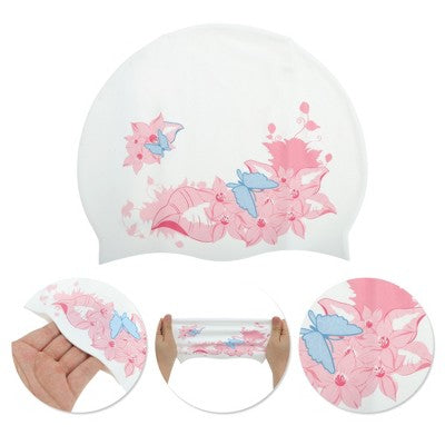  Unique Bargains Silicone Waterproof Flowers Print Swim Cap Pink White 1 Pc