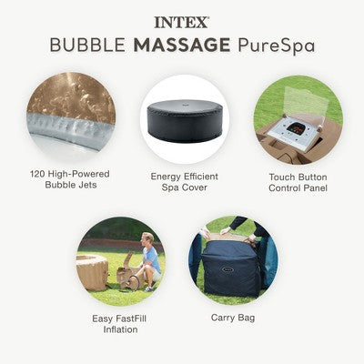  INTEX 28425EP PureSpa Bubble Massage Spa Set: Includes Energy Efficient Spa Cover – 120 Bubble Jets – 4 Person Capacity – 77" X 28"