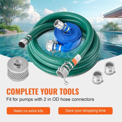  VEVOR Suction Hose Kit For Water Pump, With 2 In X 50 Ft Blue Backwash Hose, 20 Ft Green Suction Hose, And Steel Round Hole Strainer, Green