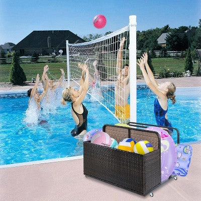  Double-Layer Poolside Float Storage Box With PE Rattan Design, Outdoor Rolling Pool Caddy For Patio, Durable Beach And Pool Storage Solution