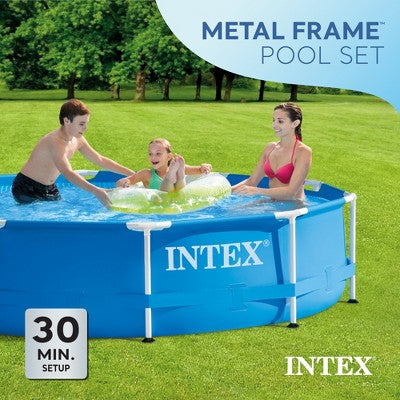  Intex Metal Frame 10' X 30" Round Outdoor Swimming Pool Set With 330 GPH Filter Pump, Maintenance Kit, Cover, And Filter Cartridges (6 Pack)