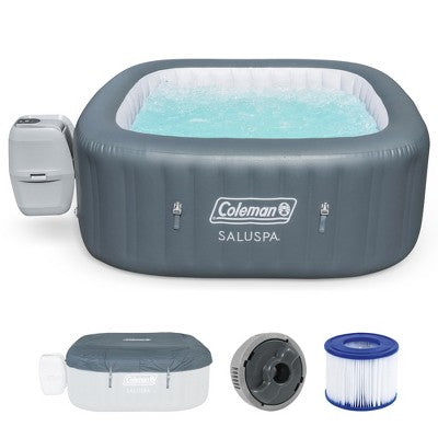  Coleman SaluSpa AirJet 4 To 6 Person Inflatable Hot Tub Square Portable Outdoor Spa With 140 Soothing AirJets And Insulated Cover, Gray
