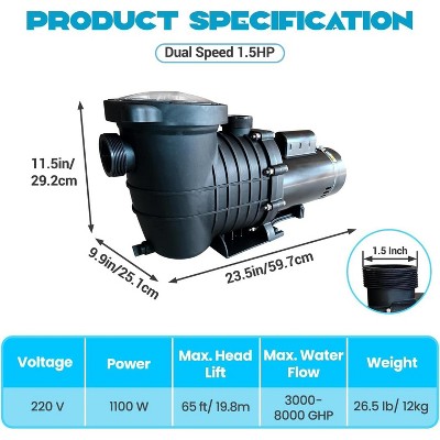  1.5HP Variable Speed Pool Pump 220V – 2-Speed Energy-Saving Motor, 3000-8000 GPH High Flow