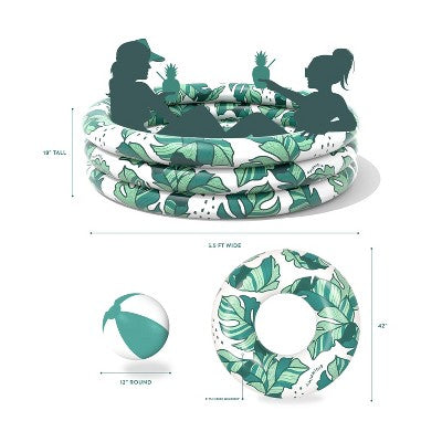  MINNIDIP Bundle Pool Beach Ball Ring Float 125 Gal Round Kiddie Pool - Banana Leaves: Inflatable Kids Pool, PVC Material, Age 6+