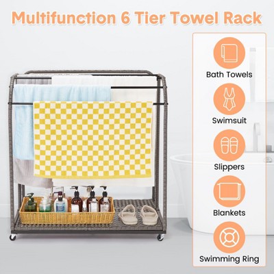  ODK Towel Rack, 5 Bar Pool Towel Rack With Rattan Base, Outdoor Towel Rack, Storage Organizer With Compartment For Outdoor/Indoor