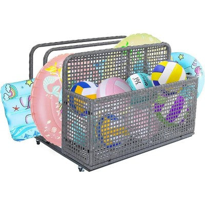  Double-Layer Poolside Float Storage Box With PE Rattan Design, Outdoor Rolling Pool Caddy For Patio, Durable Beach And Pool Storage Solution