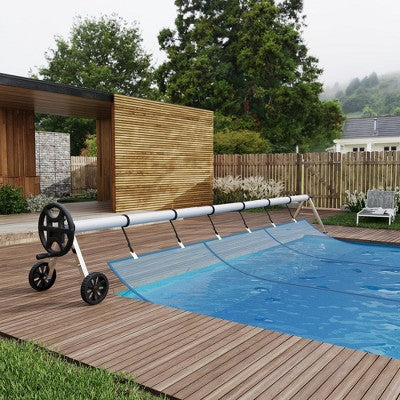  Pool Cover Reel Heavy-Duty, Aluminum Solar Cover Roller With Hand Crank, 6 Straps, Clips & Wheels, Fits All Inground Pool Shapes, Black