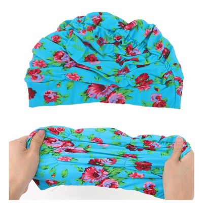  Unique Bargains Polyester Peony Flower Pattern Swim Cap 5.91"x9.25" Lake Blue Red 1 Pc
