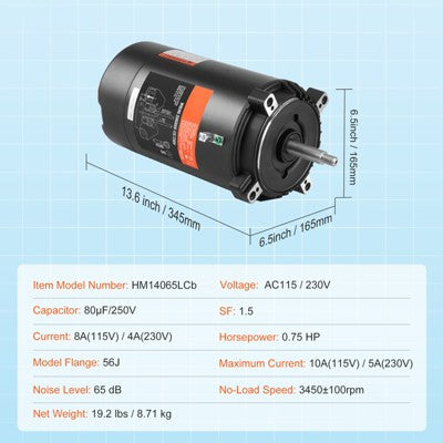  VEVOR 0.75 HP Pool Pump Motor, 56J Frame, 115V(8 Amps)/230V(4 Amps) 3450 RPM, 60Hz, 1.5 Service Factor, 80μF/250V Capacitor,