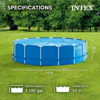  Intex Metal Frame 10' X 30" Round Outdoor Swimming Pool Set With 330 GPH Filter Pump, Maintenance Kit, Cover, And Filter Cartridges (6 Pack)