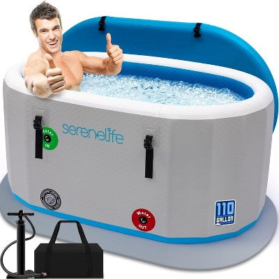  SereneLife Inflatable Cold Plunge Tub - 150 Gallon, Insulated Ice Bath Therapy Pod With Lid, Hand Pump, Storage Bag, And EVA Floor Mat (Blue)