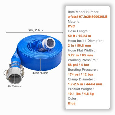  VEVOR Pool Drain Hose, 2 Inch By 50 Ft, Durable PVC Material, Includes Aluminum Camlock C & E Connectors And Clamps, Blue