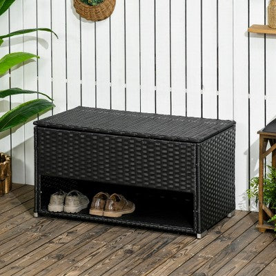  Outsunny Outdoor Deck Box & Shoe Storage, PE Rattan Wicker Towel Rack With Liner For Indoor, Outdoor, Pool, Toys, Garden Tools
