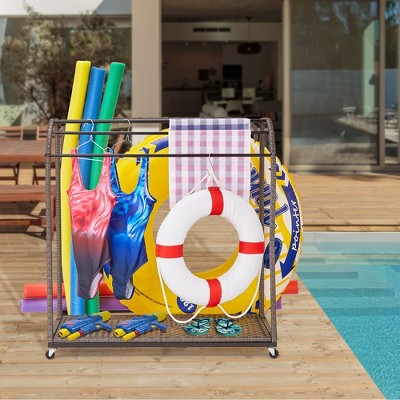  Garvee Poolside Towel Rack Outdoor,Rattan Weaving Towel Rack Freestanding,Storage Organizer With Compartment For Floats, 5 Bar Towel Storage
