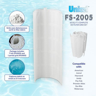  Unicel FS-2005 60 Sq Ft Vertical DE Grid Replacement Swimming Pool Filter Set, Compatible With American, Hayward, Pac-Fab, Sta-Rite, Astral And More
