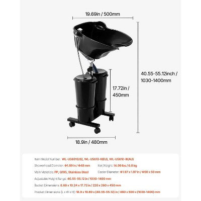  VEVOR Portable Shampoo Bowl, Shampoo Sink For Washing Hair With Electric Pump, Includes 2 Buckets 2 Showerheads, Drain Hose, Black