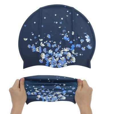  Unique Bargains Silicone Waterproof Floral Print Swim Cap Navy Blue White 1 Pc