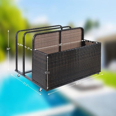  Double-Layer Poolside Float Storage Box With PE Rattan Design, Outdoor Rolling Pool Caddy For Patio, Durable Beach And Pool Storage Solution