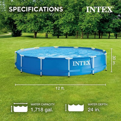  Intex 12' X 30" Round Metal Frame Outdoor Above Ground Swimming Pool Set With Filter Pump, Cartridges, 42 Inch Steel Pool Ladder, And Secure Cover
