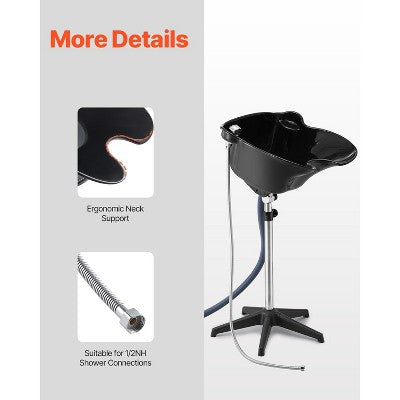  VEVOR Portable Shampoo Bowl, Deep Shampoo Sink For Washing Hair With Adjustable Height And Angle, Includes Drain Hose, Shower Head, Black