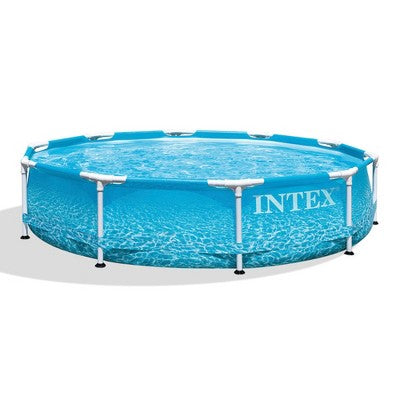  Intex 10 Foot X 30 Inch Round Metal Frame Outdoor Backyard Above Ground Beachside Swimming Pool With Reinforced Sidewalls, Blue