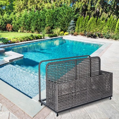  Outdoor Wicker Patio Pool Float Storage Basket PE Rattan With Rolling Wheels For Floaties, Life Vests, Beach Balls, Toys, And Patio Furniture