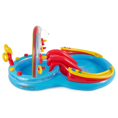  Intex 9.75 X 6.3 Foot Rainbow Ring Inflatable Play Center Pool With Water Slide And Small Plastic Multi-Colored Fun Ballz For Ball Pit, 100 Pack