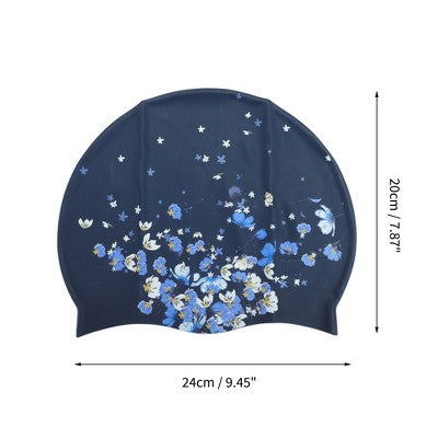  Unique Bargains Silicone Waterproof Floral Print Swim Cap Navy Blue White 1 Pc