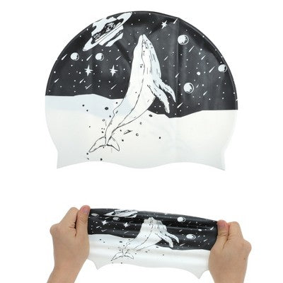  Unique Bargains Silicone Waterproof Kunpeng Print Swim Cap Black White 1 Pc