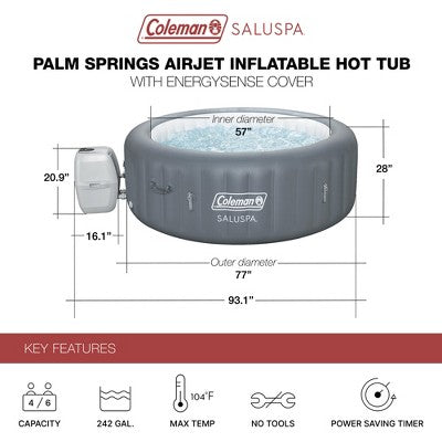  Coleman Palm Springs 4 To 6 Person EnergySense Smart AirJet Plus Inflatable Hot Tub Outdoor Spa With 140 AirJets And Insulated Cover