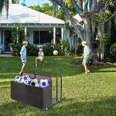  Outdoor Poolside Float Storage, Wicker Patio Poolside Storage Basket, Pe Rattan Rolling Pool Caddy With Wheels, Fade Resistant, Pool Toy Storage Bin