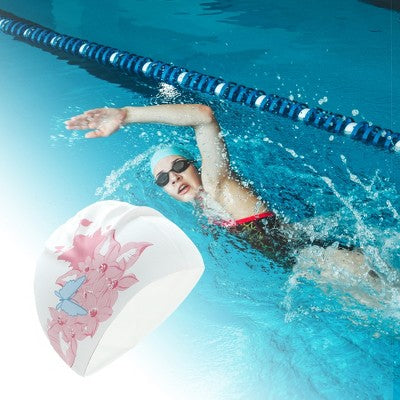  Unique Bargains Silicone Waterproof Flowers Print Swim Cap Pink White 1 Pc
