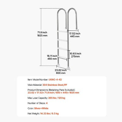  VEVOR Swimming Pool Ladder, 4-Step Double Handrails Stairs With Non-slip Heavy Duty Steps, Stainless Steel Load Capacity 265 Lbs, Silver