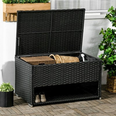  Outsunny Outdoor Deck Box & Shoe Storage, PE Rattan Wicker Towel Rack With Liner For Indoor, Outdoor, Pool, Toys, Garden Tools