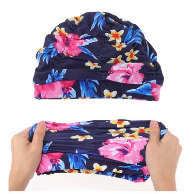 Unique Bargains Polyester Flower Pattern Swim Cap 5.91"x9.25" Navy Blue Pink 1 Pc
