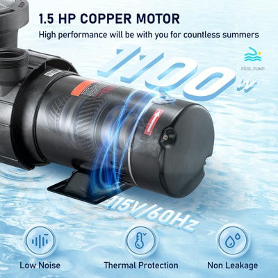  VEVOR Swimming Pool Pump 1.5HP 115V 1100W, Single Speed Pumps For Above Ground, Powerful Pool Pumps With Strainer Filter Basket, 5280 GPH Max. Flow