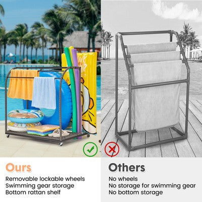  Garvee Towel Rack, 5 Bar Pool Towel Rack With Rattan Base, Outdoor Towel Rack, Storage Organizer With Compartment For Outdoor/Indoor