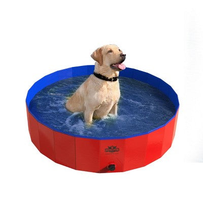  Portable Plastic Pool For Dogs - 47-Inch Diameter Foldable Pool With Carrying Bag - Large Pet Pool With Drain For Bathing Or Play By PETMAKER (Red)
