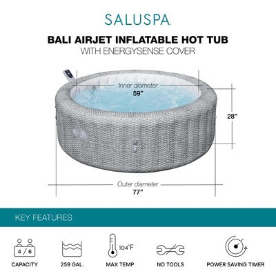  Bestway SaluSpa Bali Smart AirJet Inflatable Hot Tub Round Portable 4 To 6 Person Spa With 140 AirJets, App Control And EnergySense Cover, Grey Rattan
