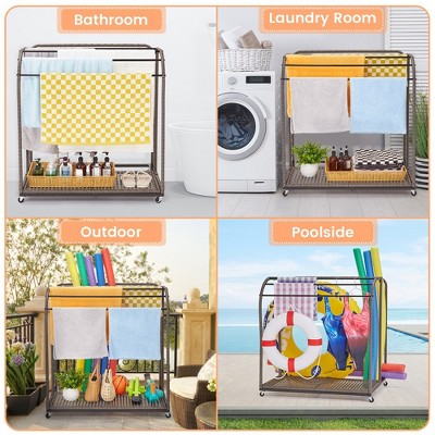  Garvee Poolside Towel Rack Outdoor,Rattan Weaving Towel Rack Freestanding,Storage Organizer With Compartment For Floats, 5 Bar Towel Storage
