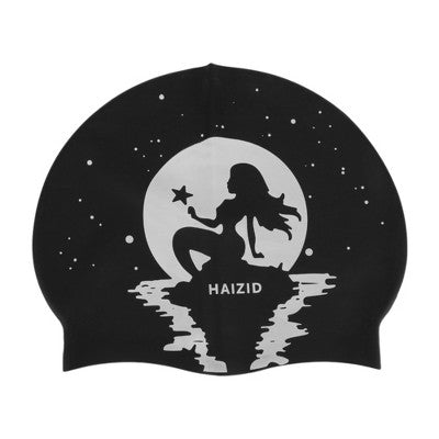  Unique Bargains Silicone Moon Mermaid Pattern Waterproof Swim Cap Black White 1 Pc