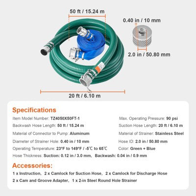  VEVOR Suction Hose Kit For Water Pump, With 2 In X 50 Ft Blue Backwash Hose, 20 Ft Green Suction Hose, And Steel Round Hole Strainer, Green